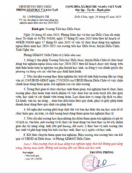 Phê duyệt của PGD về Tổ chức HĐTN của trường TH Diễn Đoài