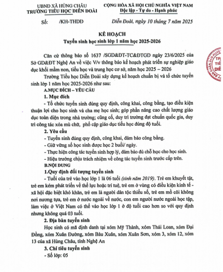 Kế hoạch Tuyển sinh lớp 1 năm học 2025-2026