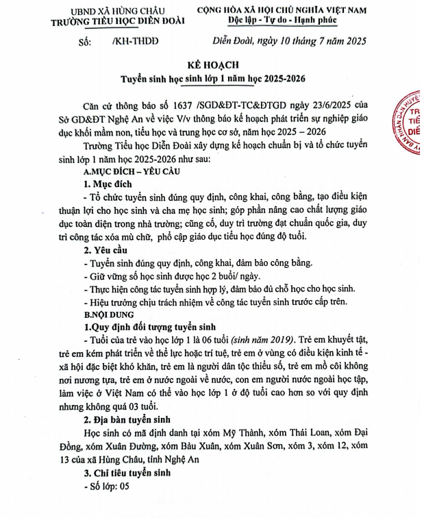 Kế hoạch Tuyển sinh lớp 1 năm học 2025-2026